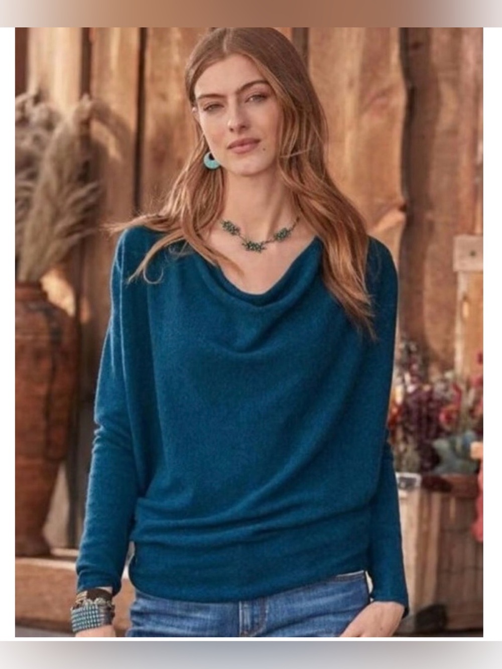 Sundance Cowl Neck Sweater teal blue size M 100%Cashmere relaxed/boxy silhouette
